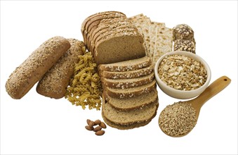 Close up of assorted grains and bread.