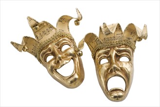 Gold comedy and tragedy masks.