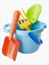Close up of toy pail and shovels.