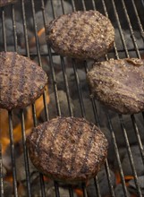 Hamburgers cooking on grill.