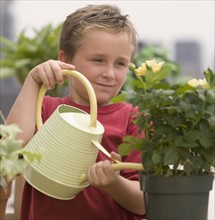 Boy watering potted plants.