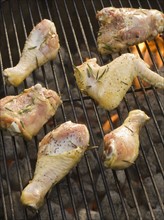 Chicken pieces cooking on grill.