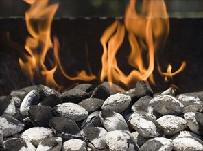 Close up of charcoal briquette fire.