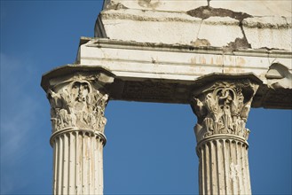 Low angle view of Corinthian columns, Temple of Castor and Pollux, Roman Forum, Italy.
