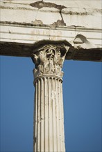 Low angle view of Corinthian column, Temple of Castor and Pollux, Roman Forum, Italy.