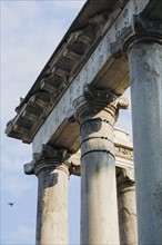 Ionic columns on Temple of Saturnus, Roman Forum, Italy.