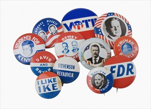 Close up of assorted presidential election pins.