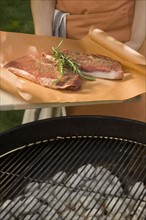 Person holding steaks next to grill.