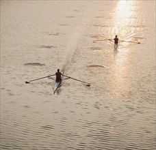 High angle view of people sculling.