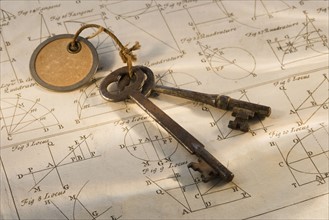 Old fashioned keys on sheet of geometry.