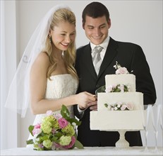 Bride and groom cutting cake.