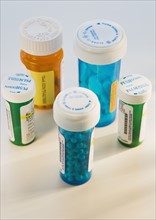 Close up of medication bottles.