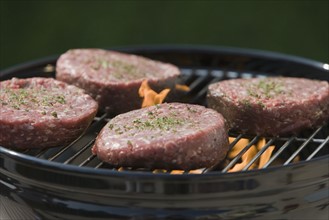 Close up of hamburgers on barbecue grill.