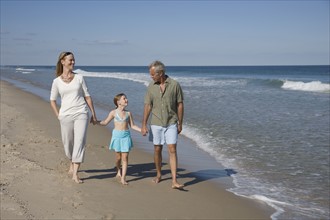 Family walking on beach.