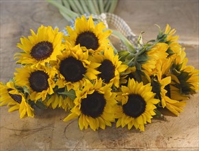 Bouquet of sunflowers on table.