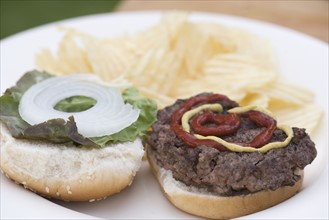 Closeup of a hamburger on a plate. Date : 2006
