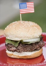 Still life of hamburger with small US flag. Date : 2006