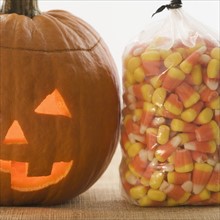 Still life of jack o lantern and candy corn. Date : 2006