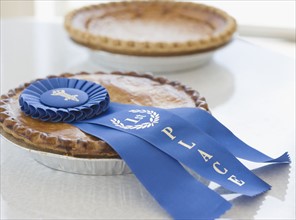 Close up of blue ribbon on pie. Date : 2006