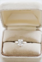 Close up of diamond engagement ring in box. Date : 2006