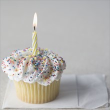 Cupcake with one candle and napkin. Date : 2006