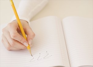Woman writing question marks in notebook. Date : 2007