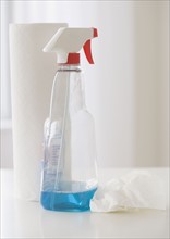Close up of glass cleaner and paper towels. Date : 2006