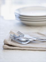 Close up of forks on napkin. Date : 2006