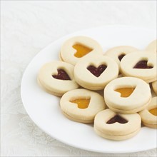 Plate of heart shaped cookies. Date : 2006