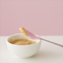 Close up of baby food and spoon. Date : 2007