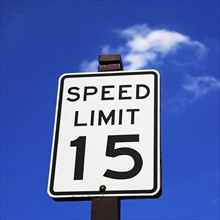 Low angle of Speed Limit street sign. Date : 2007
