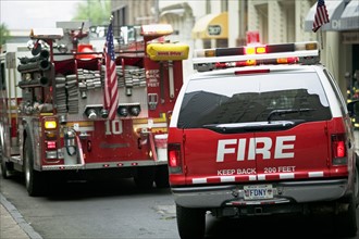 Fire trucks in urban area. Date : 2007