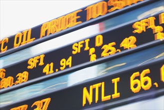 Low angle view of stock market display. Date : 2007