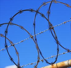 Close up of coiled razor wire. Date : 2007