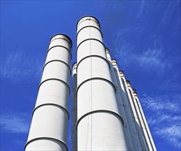 Low angle view of industrial silos. Date : 2007