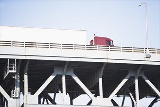 Low angle view of truck on bridge. Date : 2007