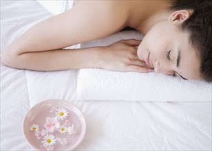 Woman laying on spa table. Date : 2007