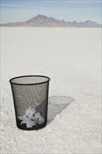 Waste paper basket on salt flats, Salt Flats, Utah, United States. Date : 2007