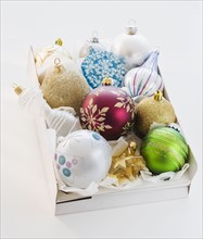 Christmas ornaments on box.