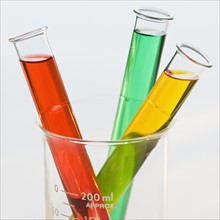 Multi-colored liquids in vials.