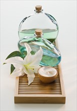 Flower and spa treatments on tray.