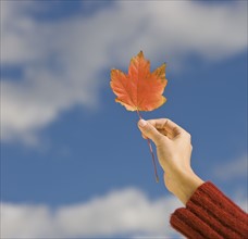 Woman holding autumn leaf.