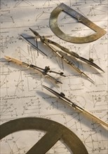 Protractors and drafting compasses on antique map.