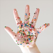 Close up of sprinkles on child’s hand. Date : 2008