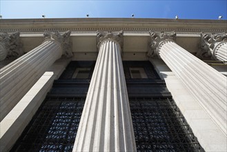 Low angle view of stone columns, New York City, New York, United States. Date : 2008