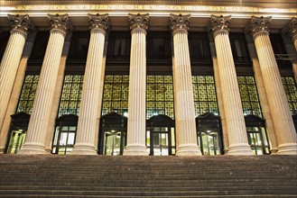 Low angle view of columned building, New York City, New York, United States. Date : 2008