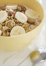 Close up of cereal and banana slices. Date : 2008