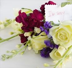 Close up of flower bouquet and note. Date : 2008