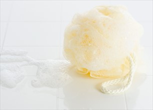 Close up of soapy body scrubber. Date : 2008