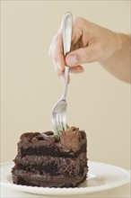Man sticking fork in cake slice.